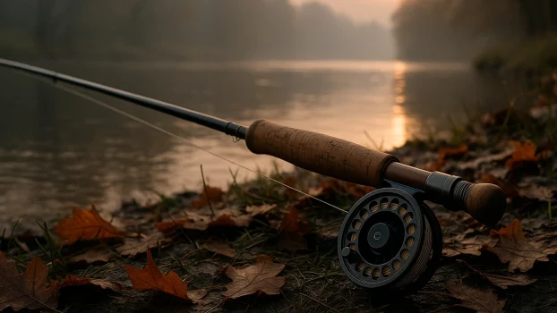 Caña de pescar a mosca con carrete montado junto al río en otoño, con hojas caídas y luz dorada.