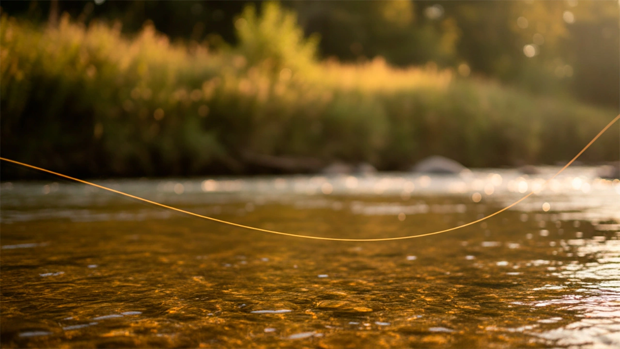 Línea de mosca extendiéndose sobre el agua con luz cálida de tarde, ejemplo de precisión y control en el lanzado