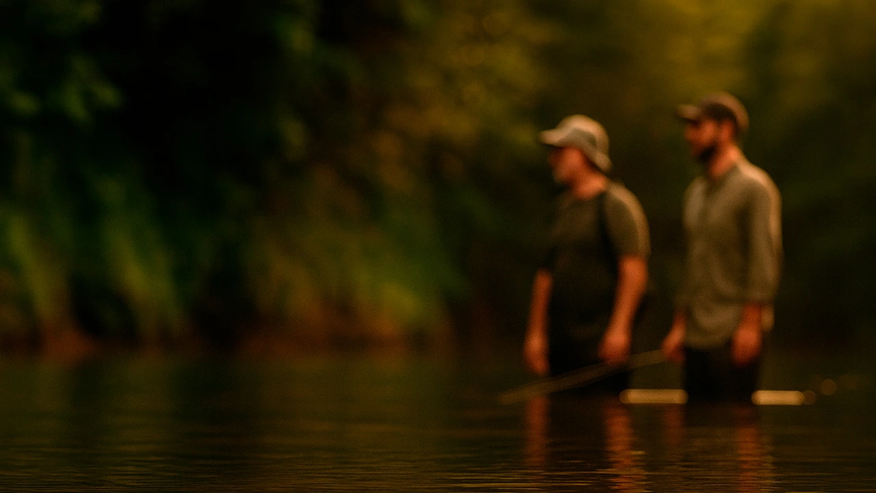Instructor y pescador a mosca difuminados al fondo de un río del norte de España, observando la corriente y preparándose para lanzar, en una escena cálida de tarde.