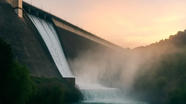 Río bajo un embalse con neblina y luz de amanecer.