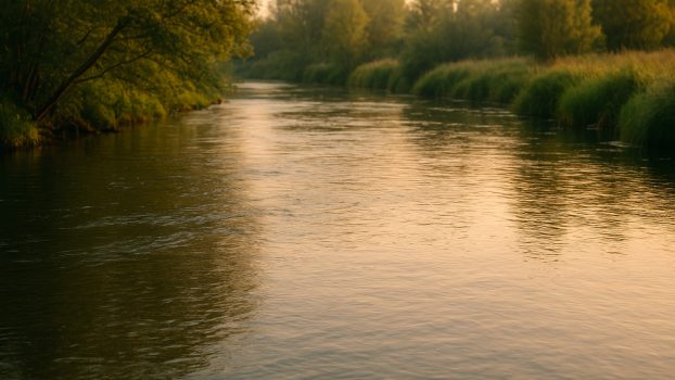 Tramo de río sereno con ligera corriente y reflejos dorados al atardecer, símbolo de calma y paciencia al pescar al agua.