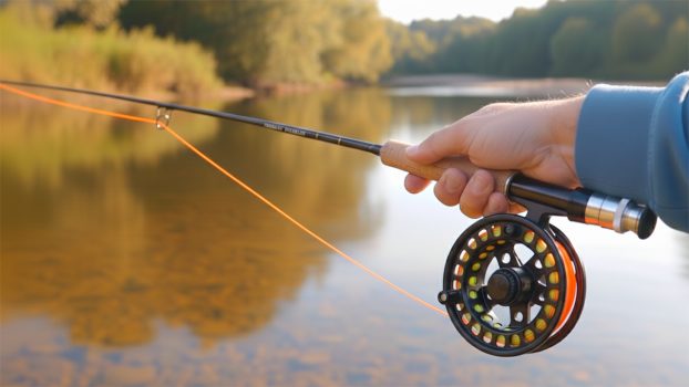 Primer plano en primera persona de una mano sujetando una caña de mosca con carrete, mostrando control y precisión en el movimiento de muñeca sobre fondo natural
