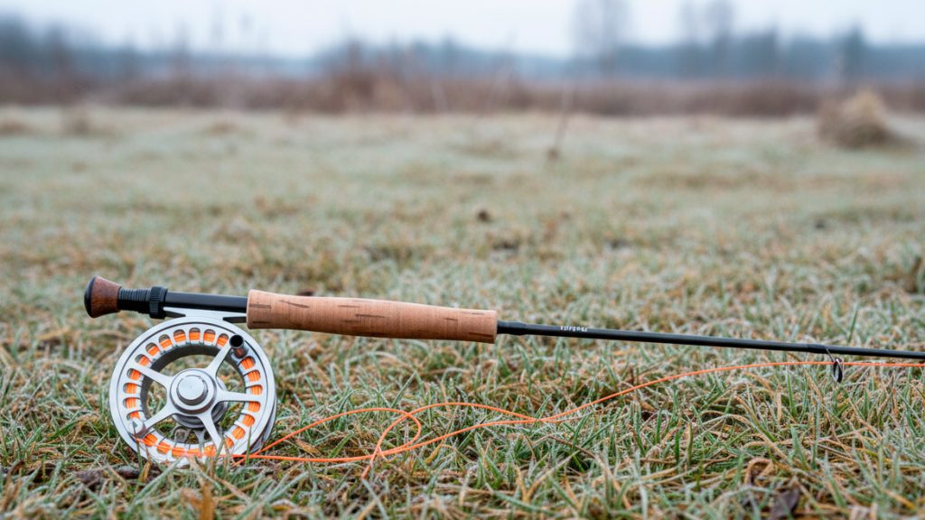 Caña de pescar a mosca apoyada sobre la hierba húmeda de un prado en invierno, con el carrete visible y la línea extendida.