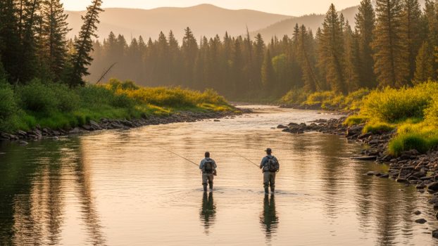 Dos pescadores a mosca caminan juntos por un río poco profundo al amanecer, rodeados de luz dorada y vegetación verde.