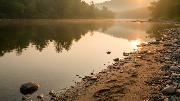 Orilla tranquila de un río al atardecer con piedras húmedas y reflejos dorados en el agua