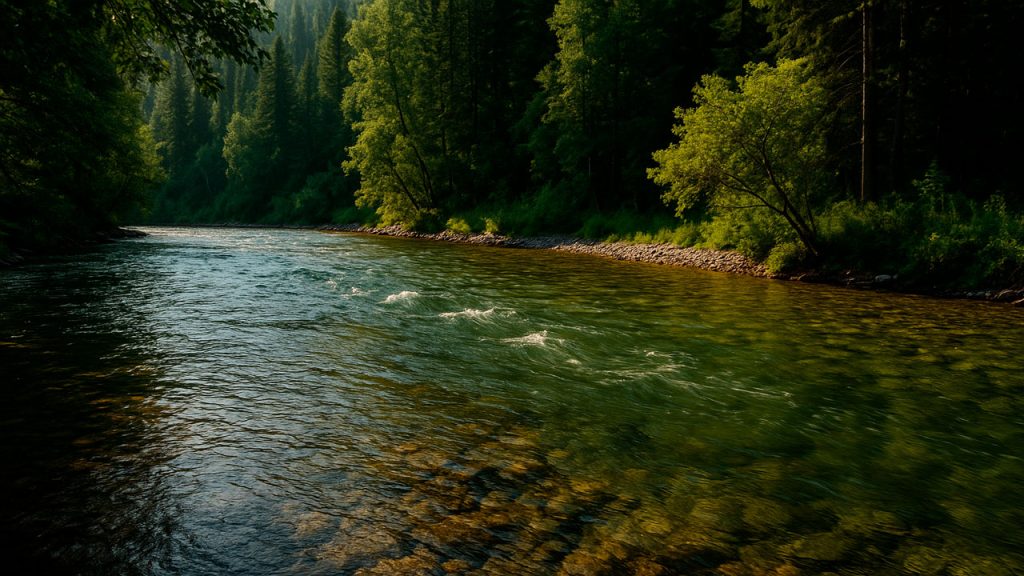Corriente diagonal en un río truchero de montaña con la orilla opuesta iluminada y vegetación natural.