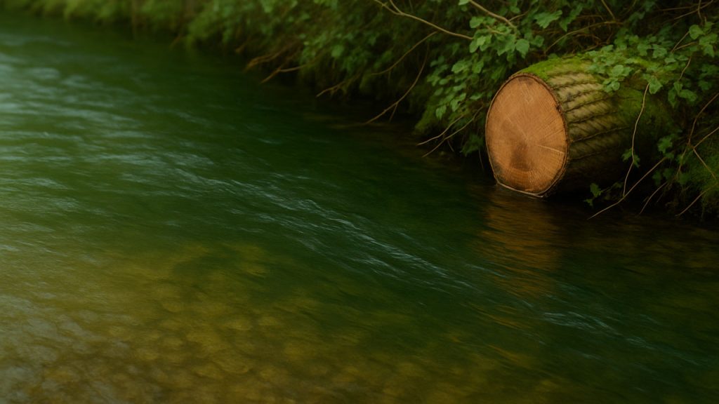 Corriente suave en un tramo de río que muestra una deriva natural sobre el agua