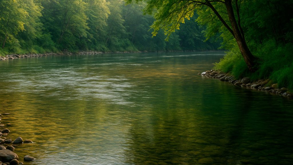 Río tranquilo con corrientes suaves y sombra de un árbol en la orilla