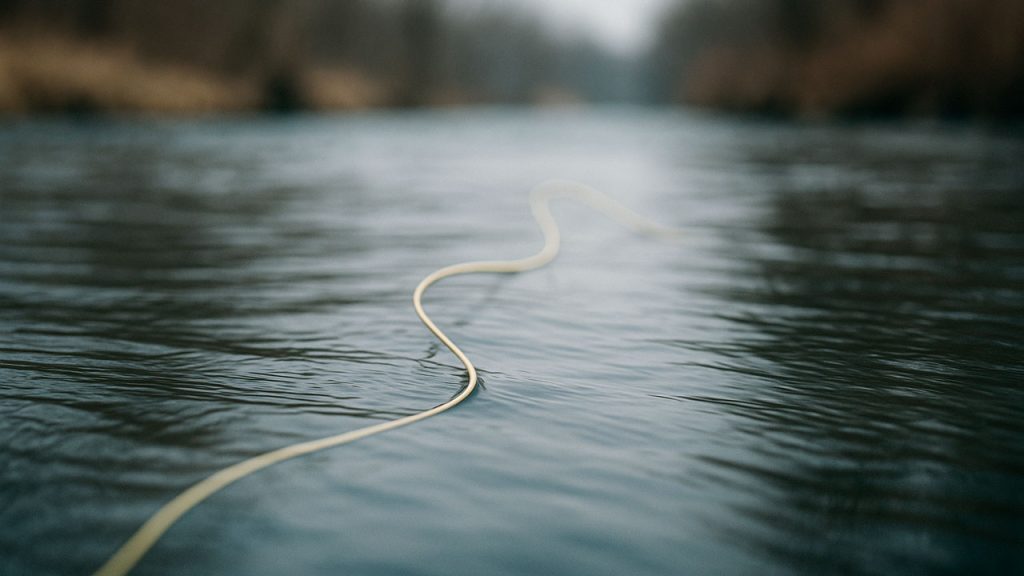 Línea de pesca a mosca flotando en el río con un pliegue que muestra la tensión del agua