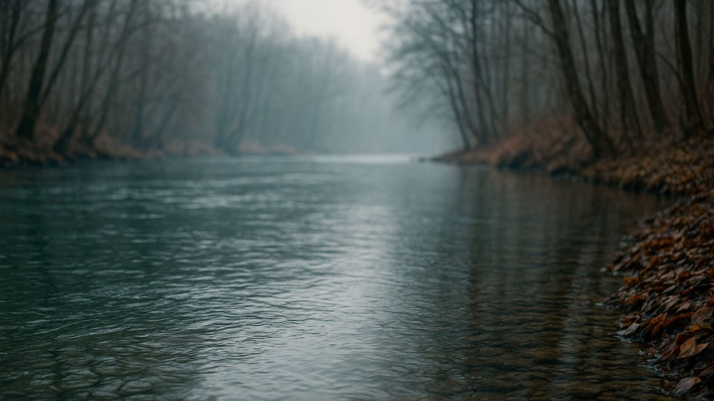 Río tranquilo en invierno con corriente lenta y orillas de hojas húmedas