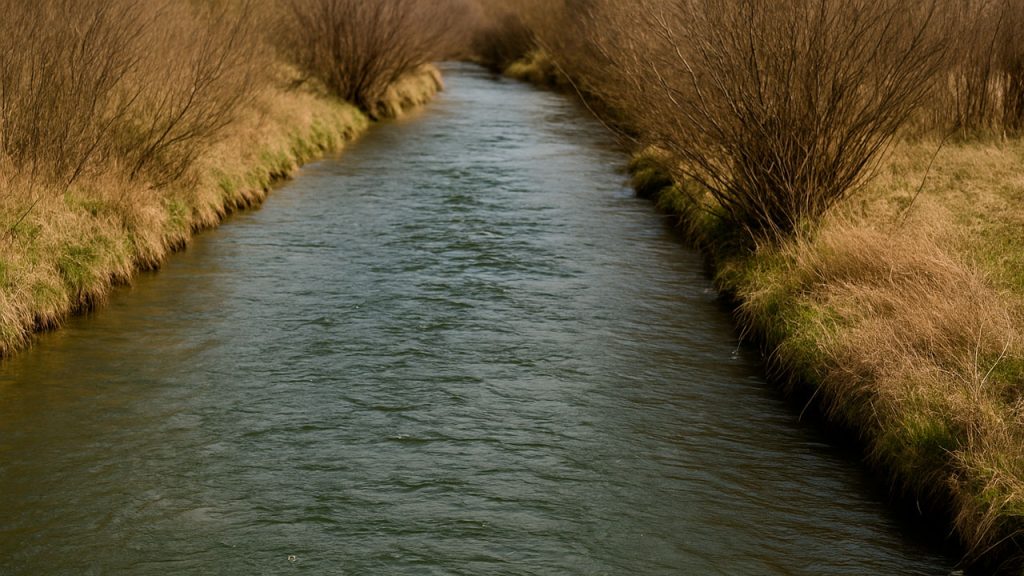 Tramo de río recto visto desde arriba, con orillas paralelas y agua limpia que fluye de forma uniforme.