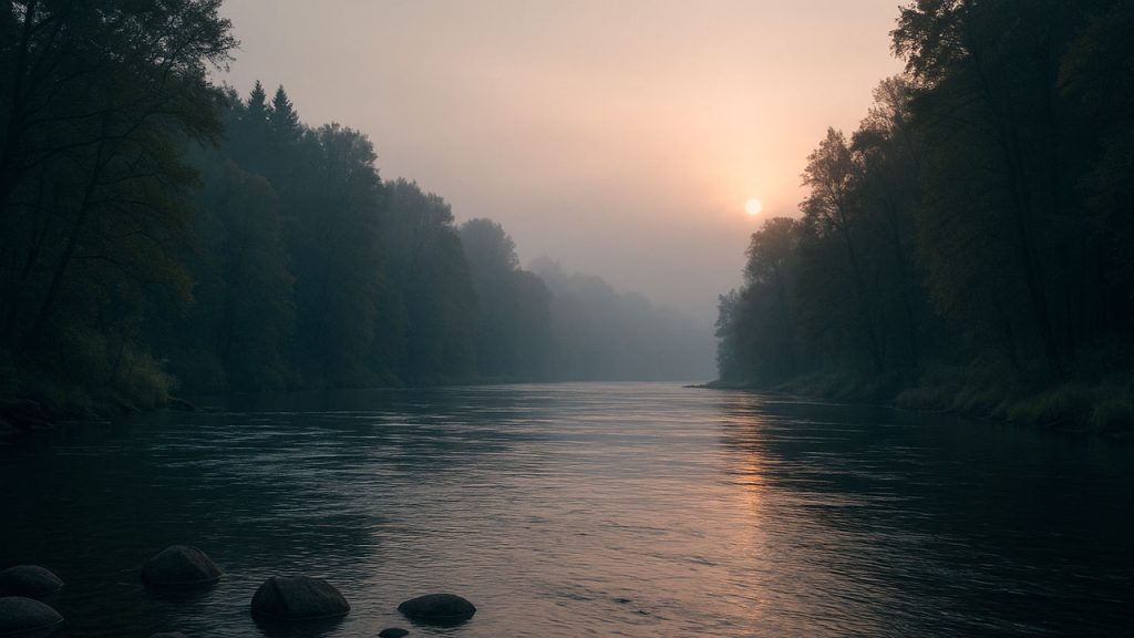 Río tranquilo al amanecer con niebla suave y corriente lenta en un tramo sin actividad