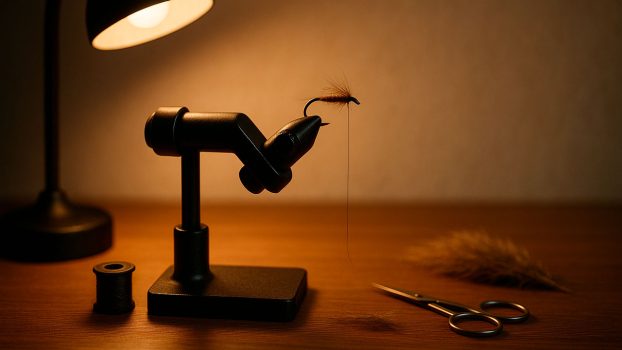 Torno de montaje de moscas iluminado por una lámpara mientras se trabaja un patrón sencillo