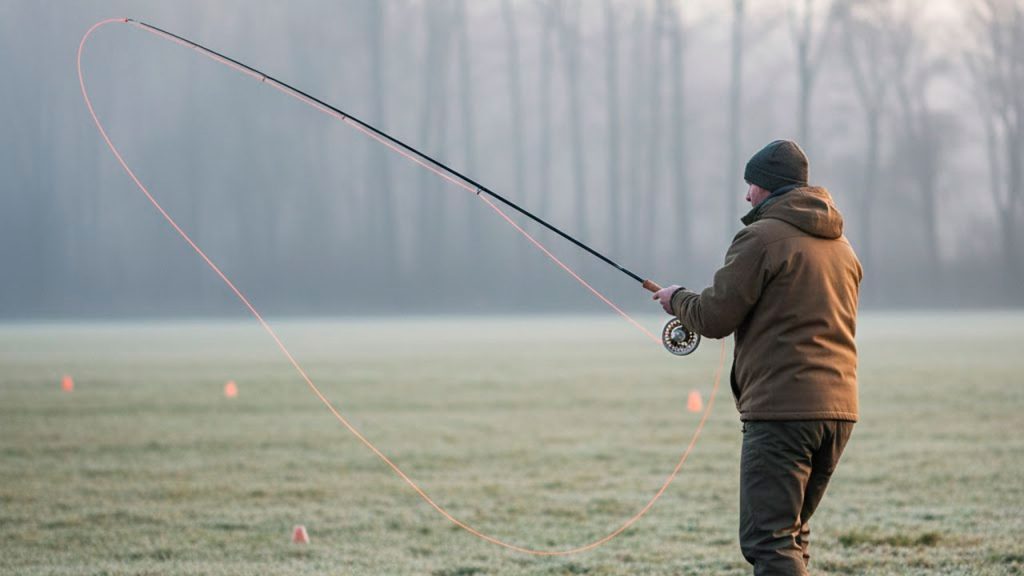 Entrenamiento de lanzado con caña de mosca en invierno, practicando sesiones estructuradas en campa