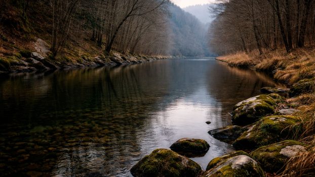 Río de truchas en invierno, agua calma y orillas silenciosas antes de lanzar
