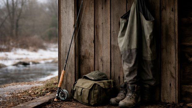 Equipo de pesca a mosca en reposo durante el invierno, caña apoyada y vadeador colgado fuera de temporada