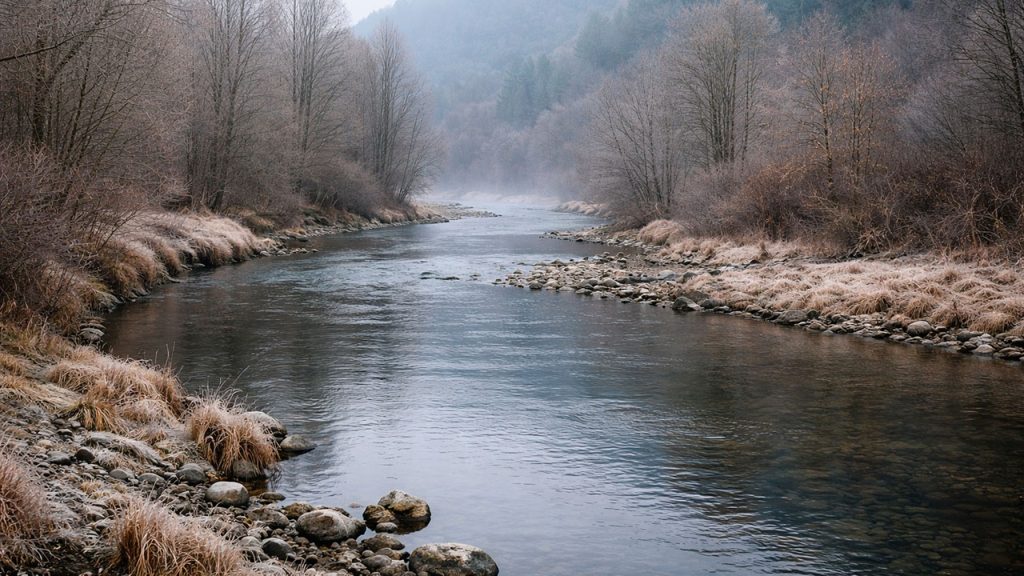 Río de invierno en calma como espacio para aprender pesca con continuidad y atención