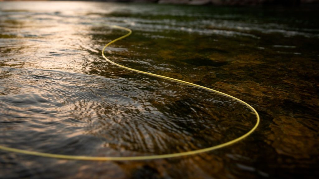 Línea de pesca a mosca sobre el agua con deriva natural siguiendo la corriente del río