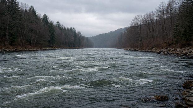 Río con caudal alto y agua fría en día nublado, sin actividad visible