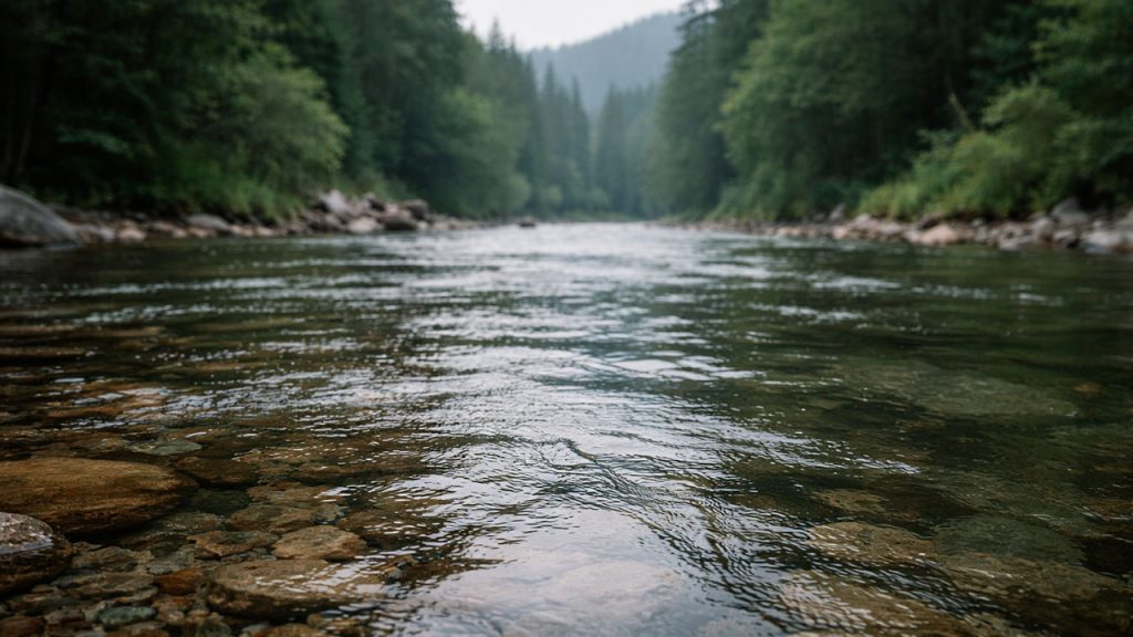 Río de montaña con corriente suave y agua clara dejando ver las piedras en el fondo