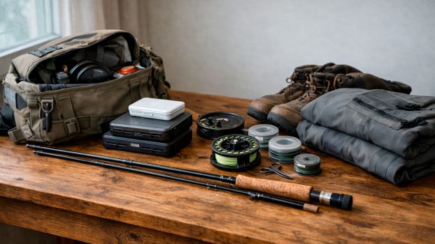 Equipo de pesca a mosca preparado en interior antes del primer día de temporada