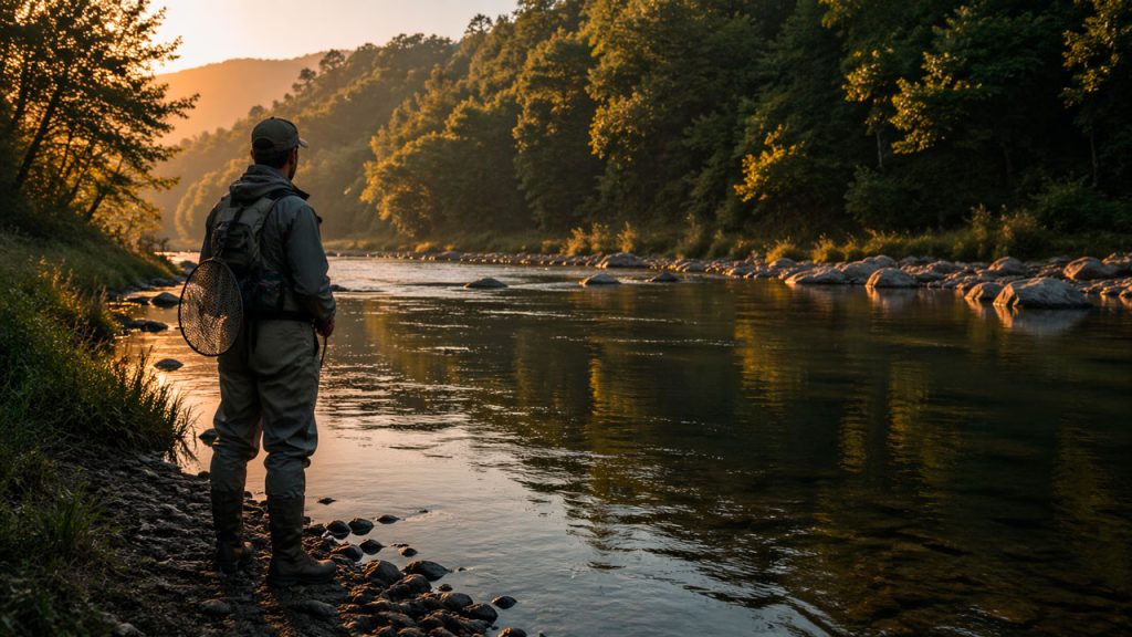 Pescador parado en la orilla del río antes de entrar al agua al atardecer