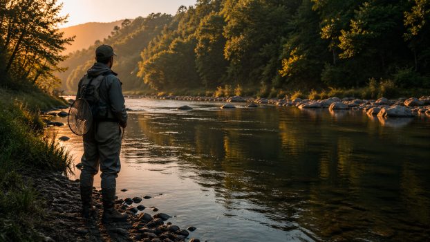 Pescador parado en la orilla del río antes de entrar al agua al atardecer