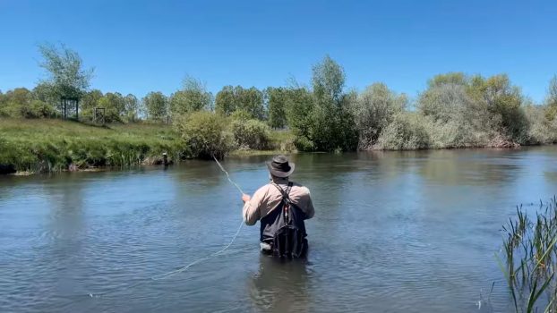 Pescador a mosca lanzando en el río con viento y superficie movida