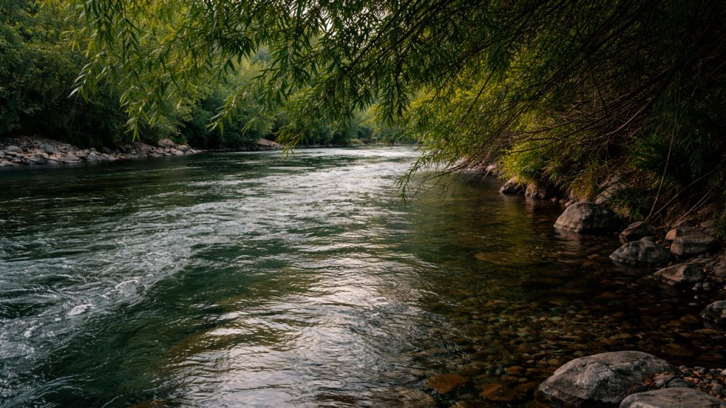 Río de montaña con corriente principal y contracorriente bajo ramas de salgueras