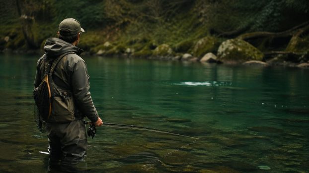 pescador a mosca parado en el río observando un pez sin lanzar