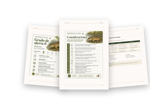Páginas interiores del ebook No era la mosca con fichas del sistema de grados de alerta para pesca a mosca.