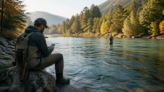 Pescador mirando el móvil en la orilla mientras otro pesca dentro del río